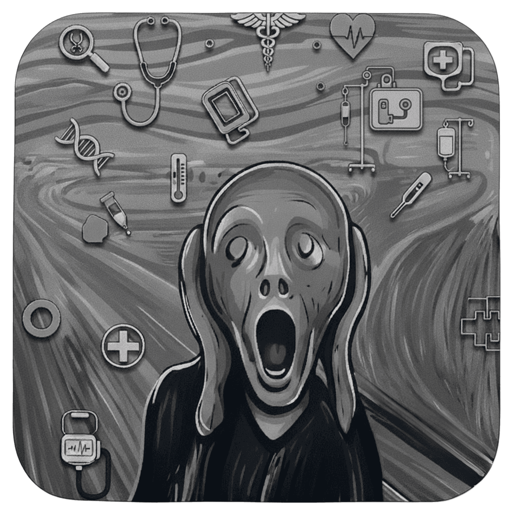 An illustration in the style of Munch's The Scream, surrounded by medical device icons